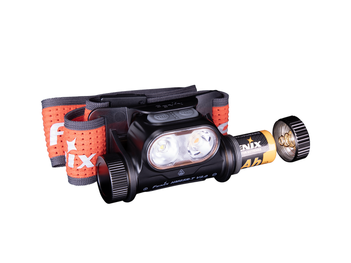 Fenix HM65R-T V2 rechargeable lightweight trail running headlamp with battery being removed