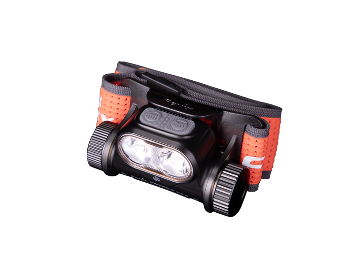 Fenix HM65R-T V2 rechargeable lightweight trail running headlamp with headband folded behind it