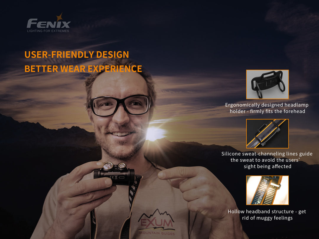 Fenix HM65R rechargeable LED headlamp held by a hiker with pictures showing various design features