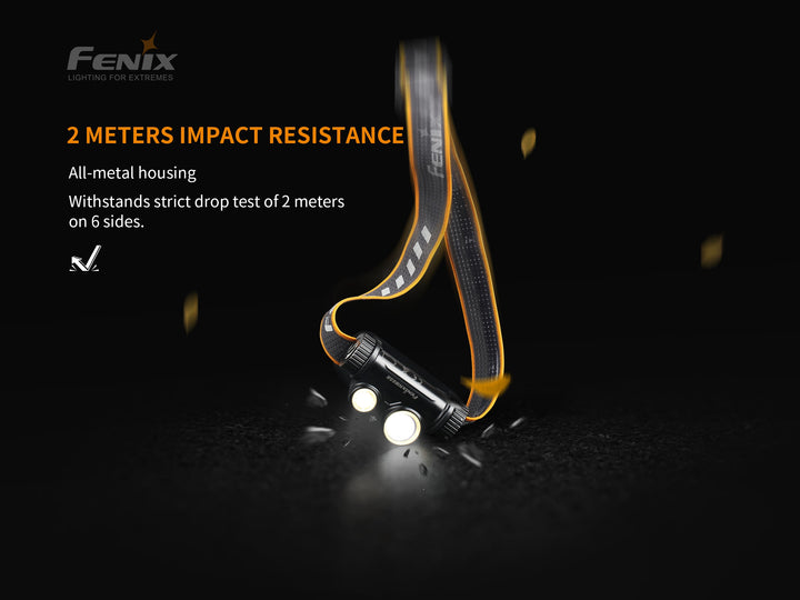 Fenix HM65R rechargeable LED headlamp dropped on black surface