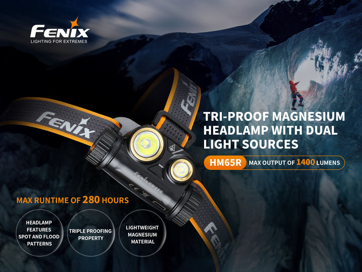 Fenix HM65R rechargeable LED headlamp featured with an ice climber in the background