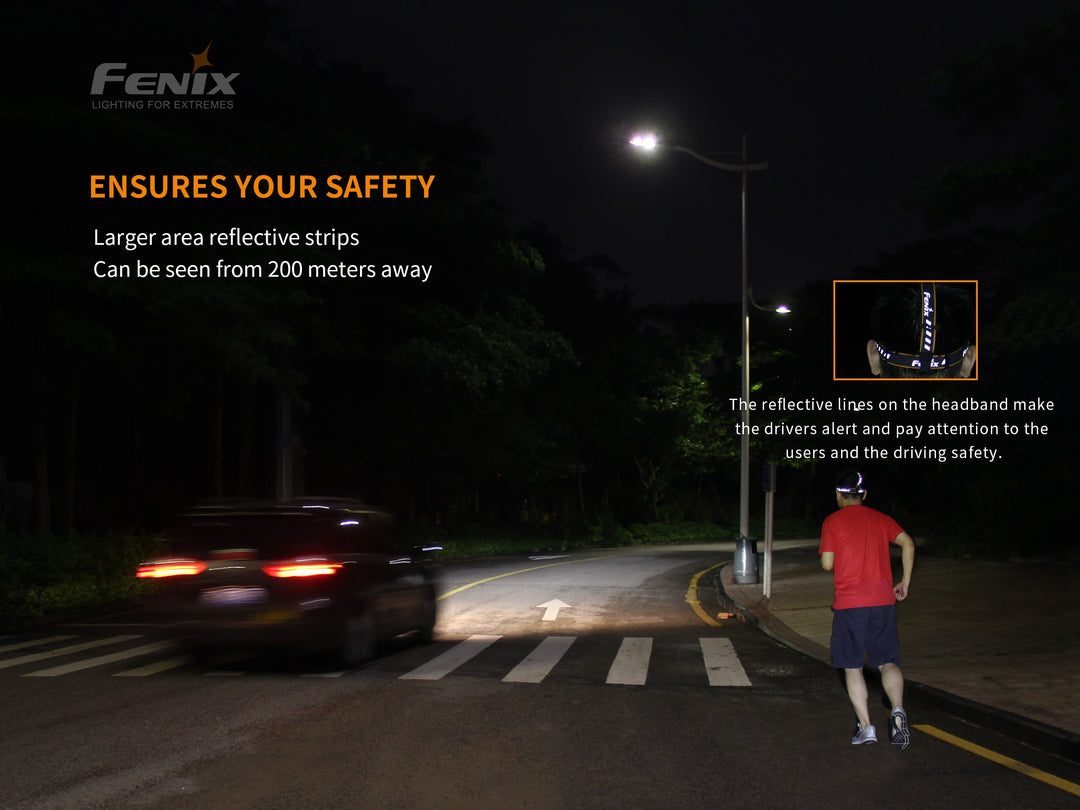 A person using the Fenix HM65R rechargeable LED headlamp while running at night