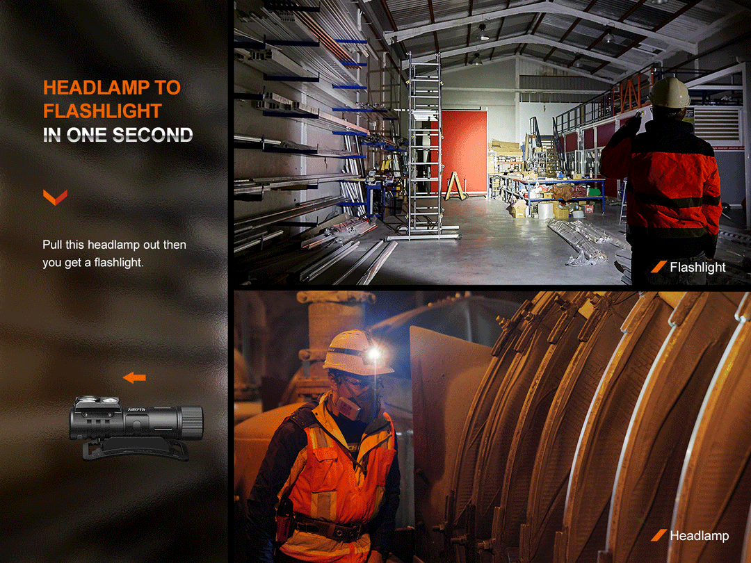 Two photos showing the Fenix HM71R rechargeable headlamp used as both a headlamp and a handheld flashlight