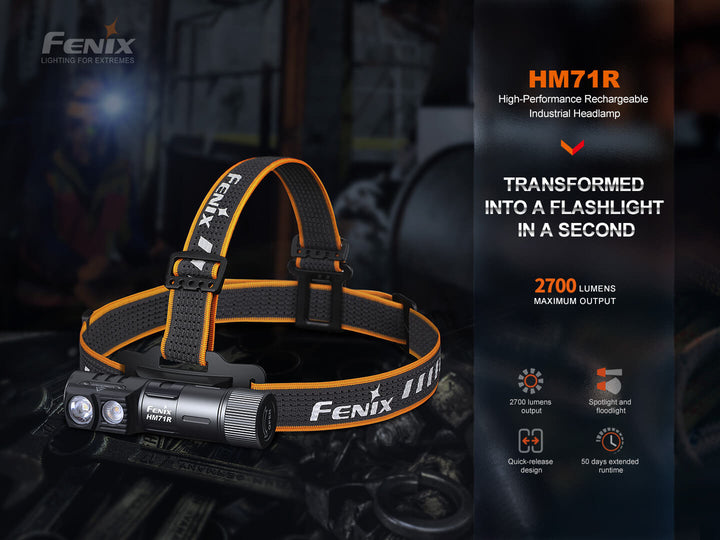 Fenix HM71R rechargeable headlamp with mechanical working equipment in the background