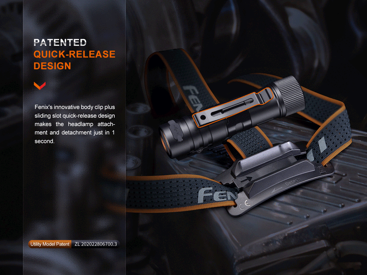 The back of the Fenix HM71R rechargeable headlamp separated from the headband bracket with text showing its quick-release design