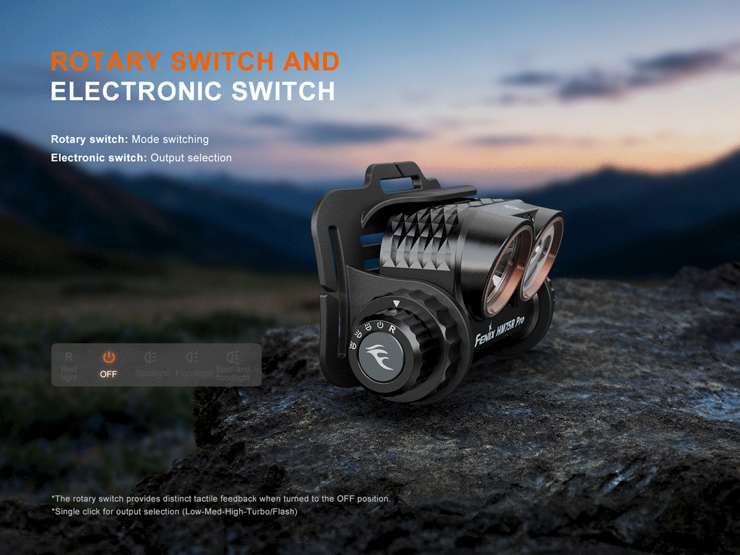 Close-up of the HM75R Pro's rotary switch for mode switching and electronic switch for output selection