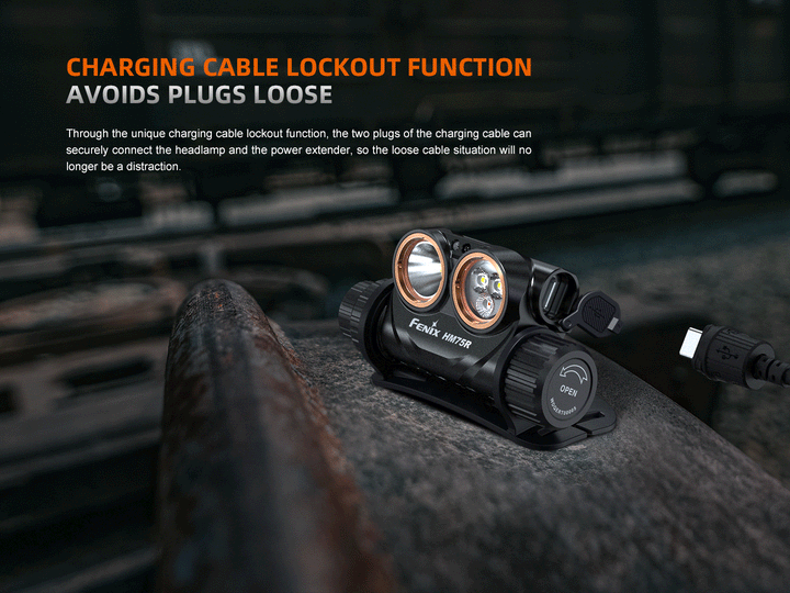 A GIF showing the locking charge cable of the Fenix HM75R rechargeable headlamp 