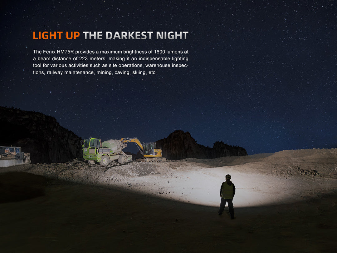 Fenix HM75R rechargeable headlamp used to light up a quarry at night