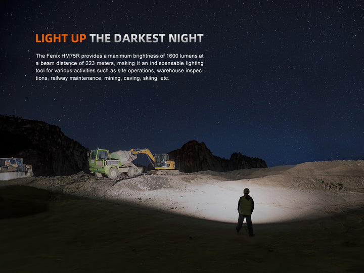 Fenix HM75R rechargeable headlamp used to light up a quarry at night