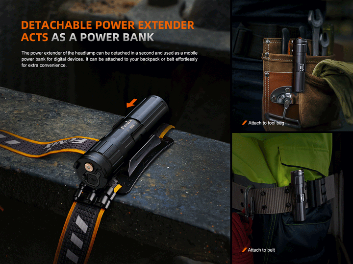 A GIF showing the Fenix HM75R rechargeable headlamp's battery pack detached from the mount to use as a power bank