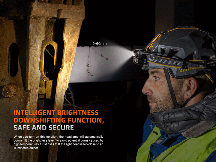 A GIF showing a lineman getting close to a surface, triggering the proximity downshift sensor of the Fenix HM75R rechargeable headlamp