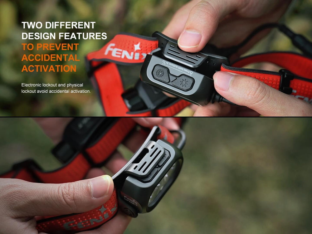 Holding headlamp in hands; displaying the power switch design for the Fenix HP12R-T headlamp