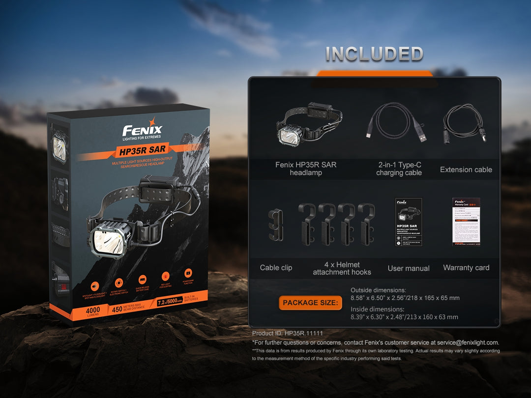 Fenix HP35R search and rescue headlamp SAR version in packaging with included accessories