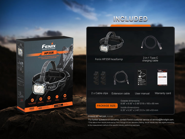 Fenix HP35R search and rescue headlamp in packaging with included accessories