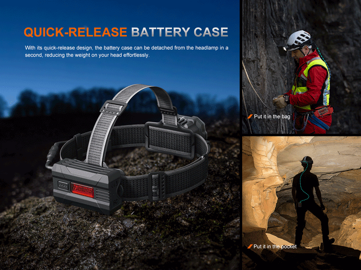 A GIF showing the removeable battery case of the Fenix HP35R search and rescue headlamp 