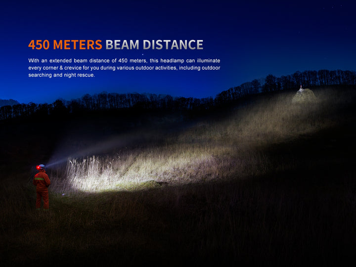 Fenix HP35R search and rescue headlamp lighting up a far away target