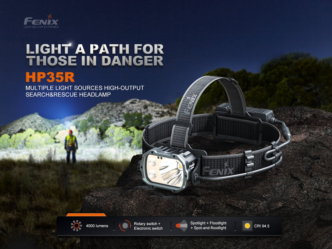 Fenix HP35R search and rescue headlamp on stone with a searcher lighting up a field in the background