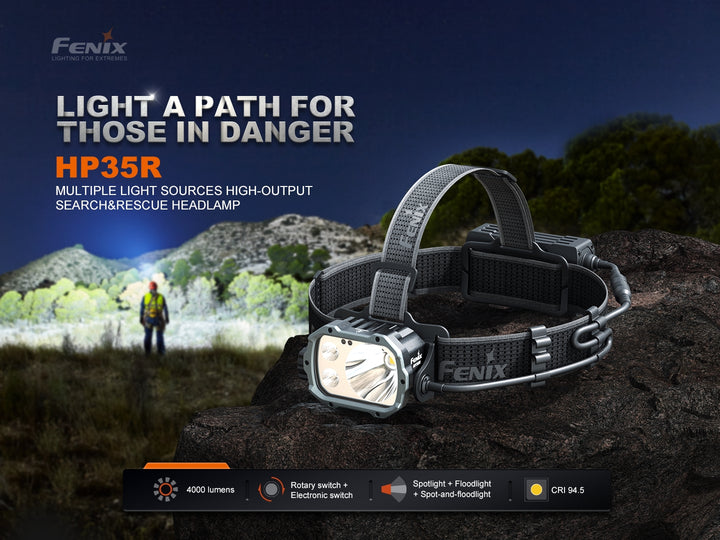 Fenix HP35R search and rescue headlamp on stone with a searcher lighting up a field in the background