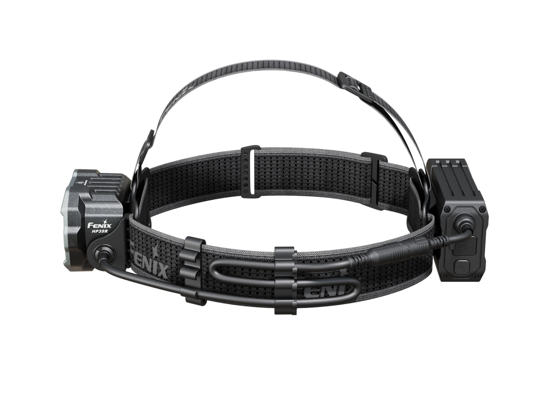 Fenix HP35R search and rescue headlamp as viewed from the right side