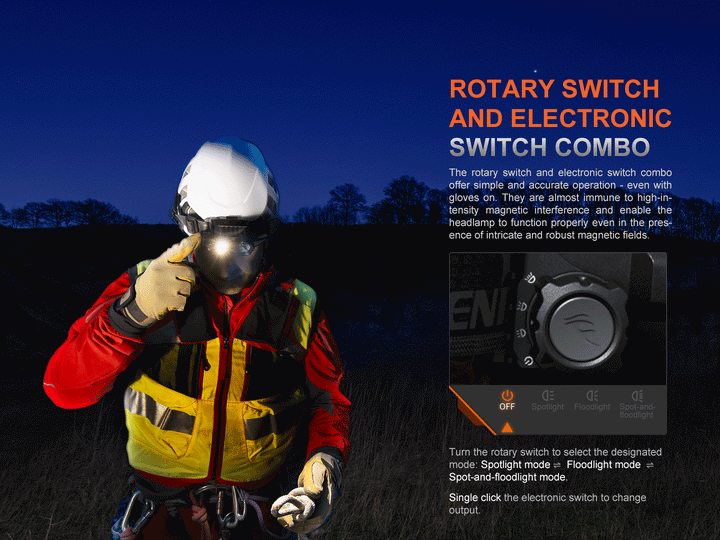 A GIF showing the operation of the rotary switch of the Fenix HP35R search and rescue headlamp 