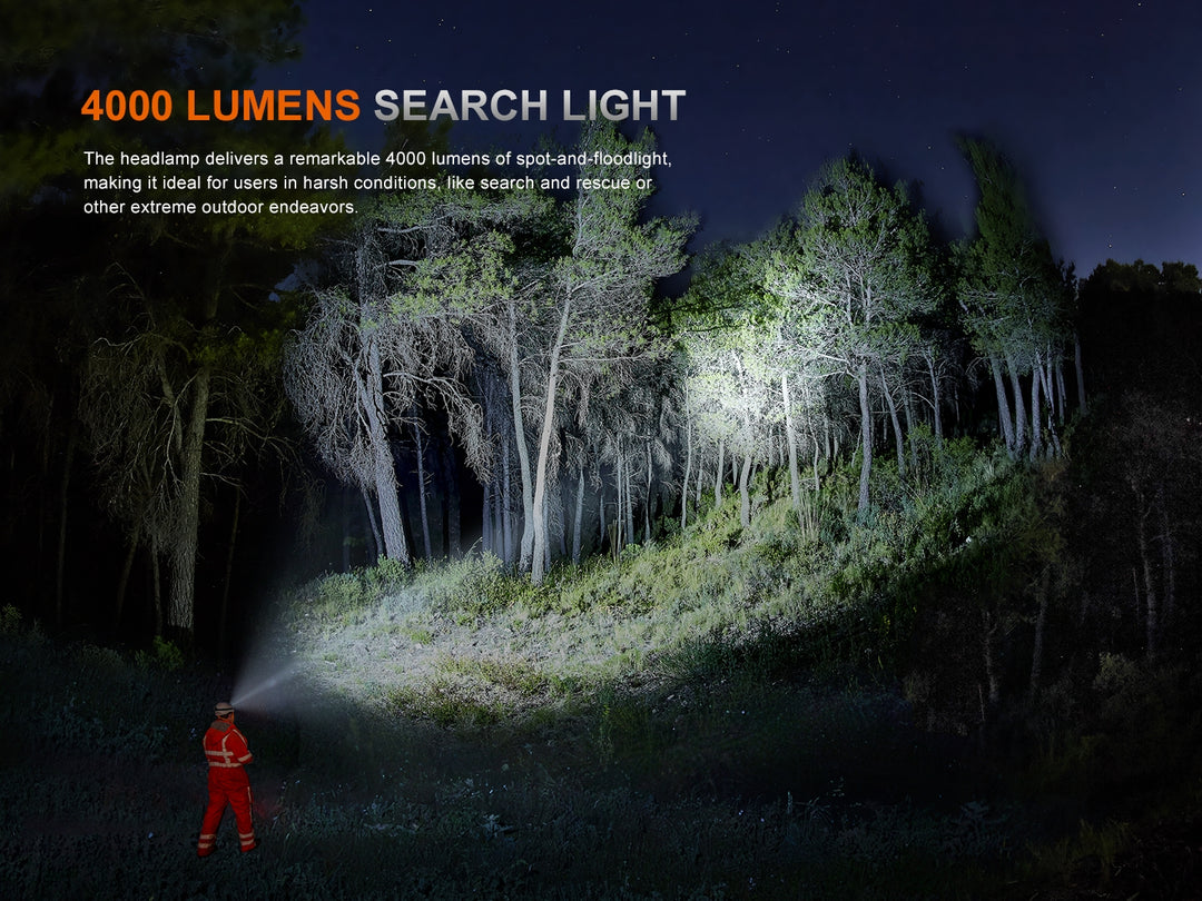 Fenix HP35R search and rescue headlamp lighting up a forest
