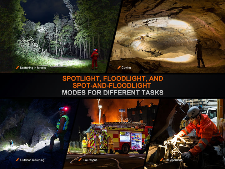 Several photos showing the different spot and flood beam outputs of the Fenix HP35R search and rescue headlamp 