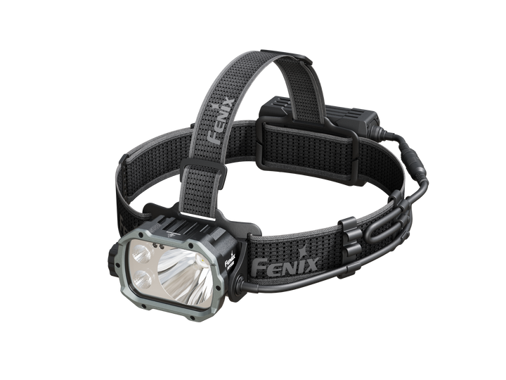 A black Fenix HP35R headlamp with an adjustable strap and a rectangular light source.