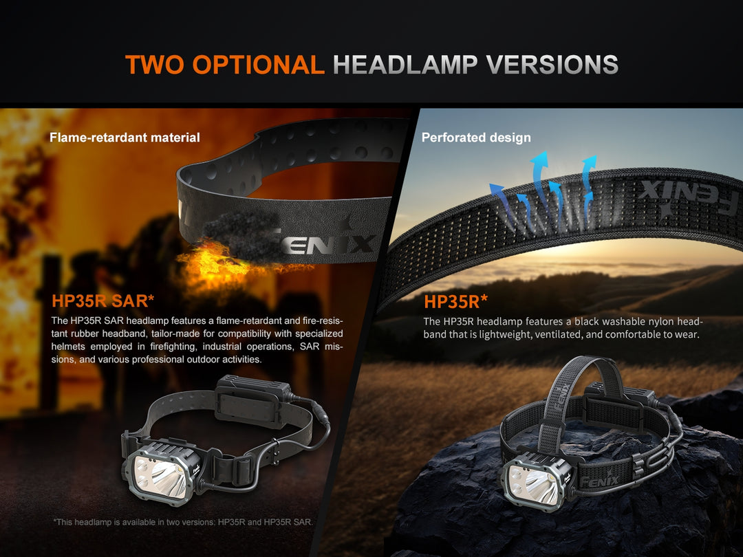 Two photos showing the two versions of the Fenix HP35R search and rescue headlamp 