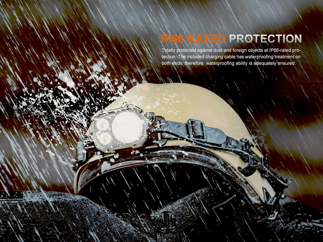 Fenix HP35R search and rescue headlamp on a helmet in the rain