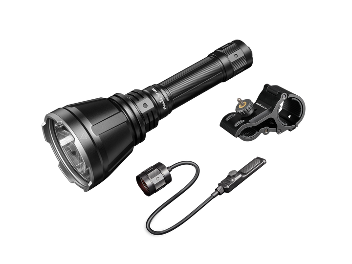 A Fenix HT18R rechargeable hunting light kit with accessories, including a mount and remote switch, displayed against a white background.