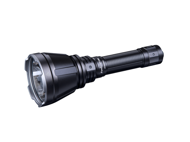 A black Fenix HT18R rechargeable LED hunting light with a large lens at one end and a tactical tail switch.