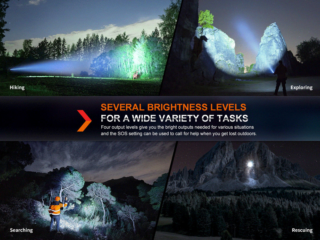 A series of photos showing the Fenix HT18R rechargeable hunting light used in a variety of scenarios