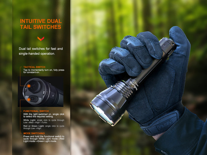 Fenix HT32 hunting flashlight held in a thumb grip with graphics showing its dual tail switches