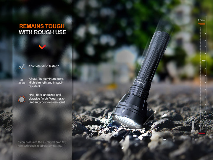 Fenix HT32 hunting flashlight dropped on rocky path
