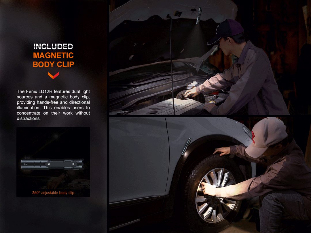 A GIF showing the magnetic features of the Fenix LD12R dual light flashlight 