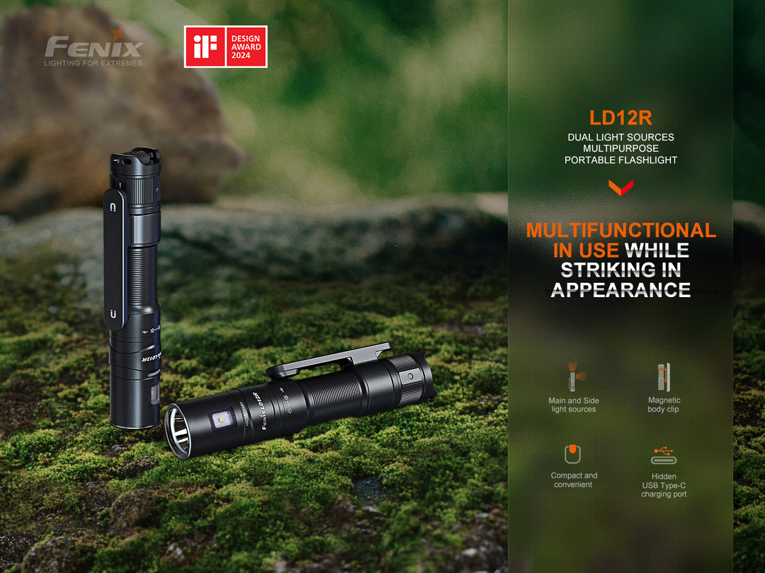 Fenix LD12R dual light flashlight on mossy stone