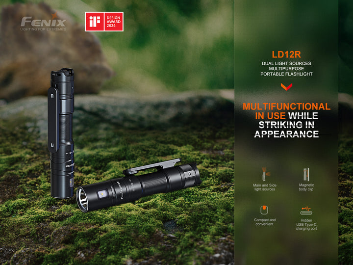 Fenix LD12R dual light flashlight on mossy stone