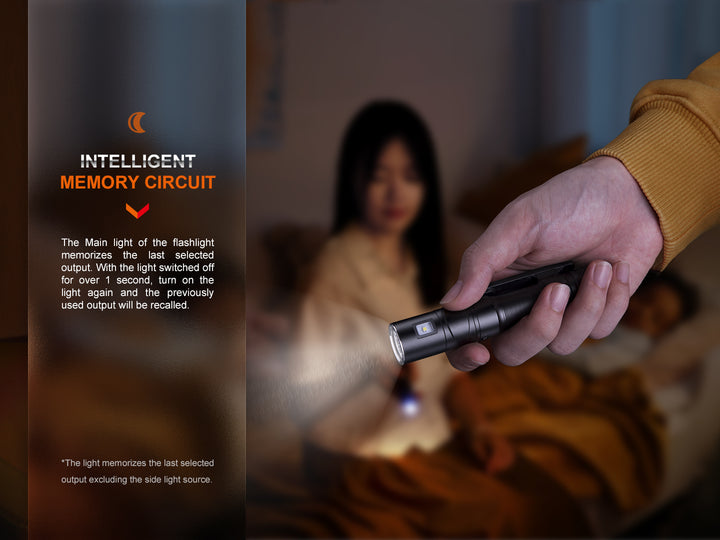 Fenix LD12R dual light flashlight used in a bedroom with text showing its intelligent memory circuit
