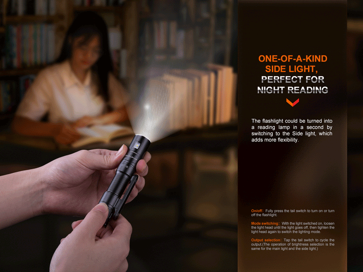 A GIF showing the side light of the Fenix LD12R dual light flashlight used to read at night