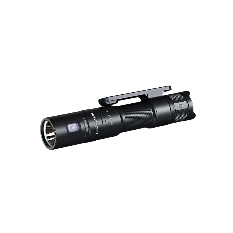 A black Fenix LD12R dual light flashlight with a visible front LED and side LED, placed on a flat surface.