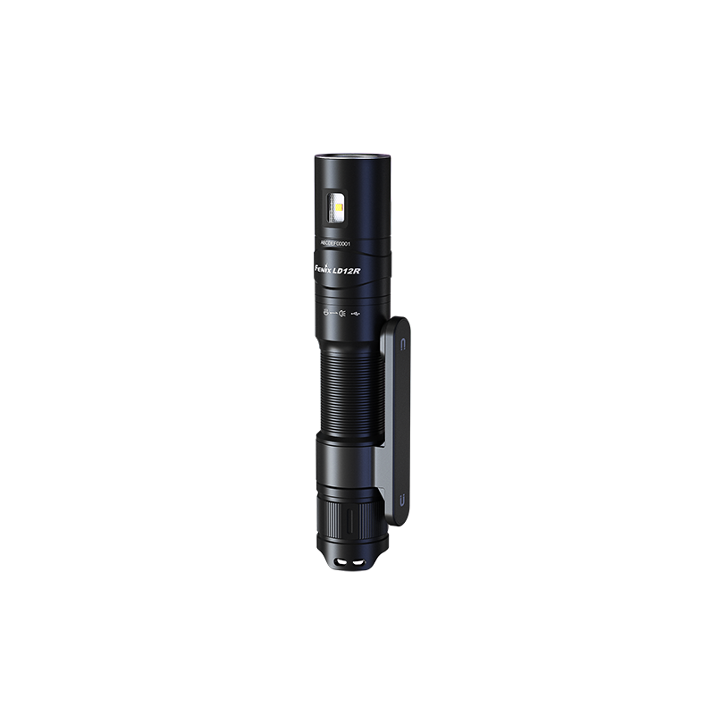 Fenix LD12R dual light flashlight viewed from a top right angle