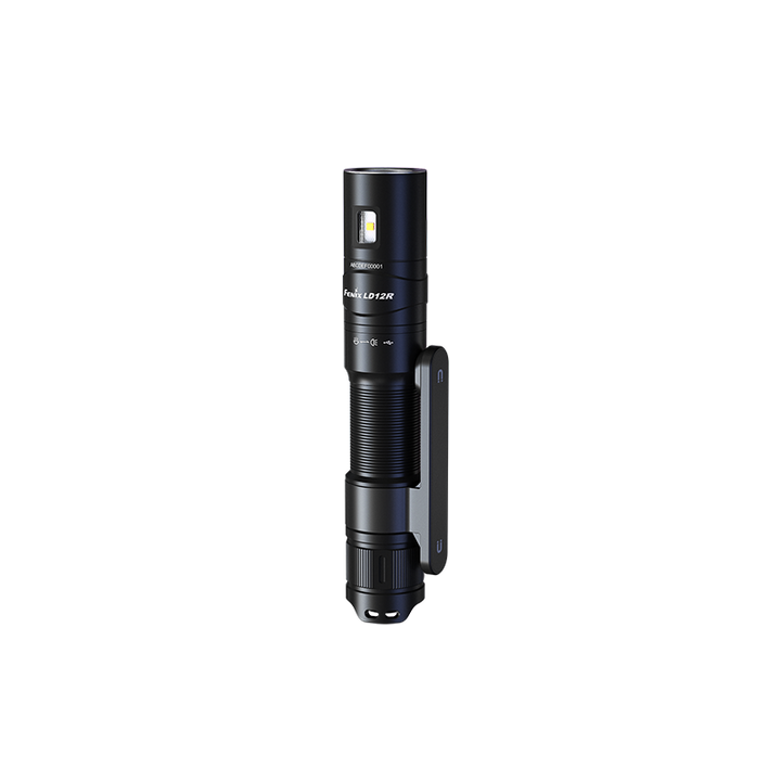 Fenix LD12R dual light flashlight viewed from a top right angle