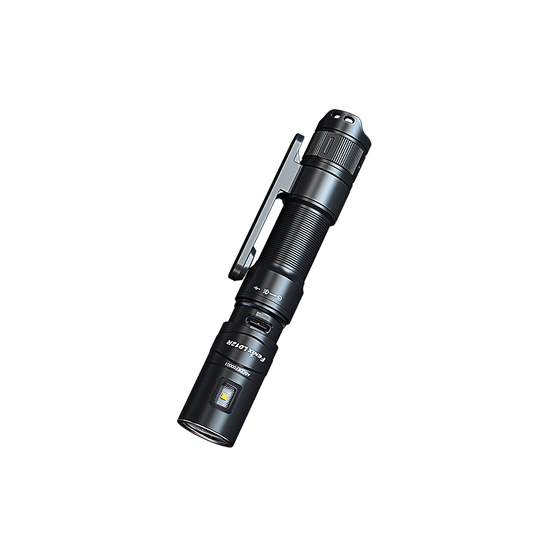 Fenix LD12R dual light flashlight as viewed from the top with the USB port exposed