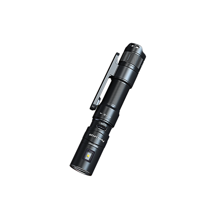 Fenix LD12R dual light flashlight as viewed from the top with the USB port exposed