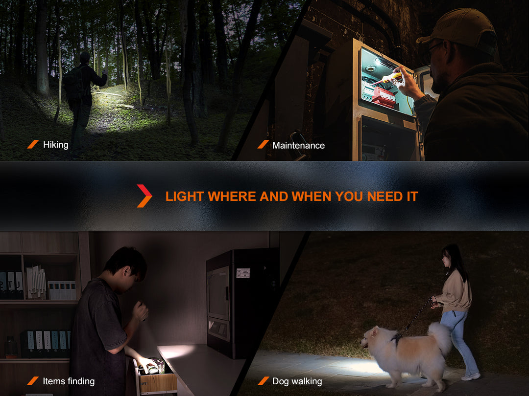 Several photos showing different uses for the Fenix LD12R dual light flashlight 