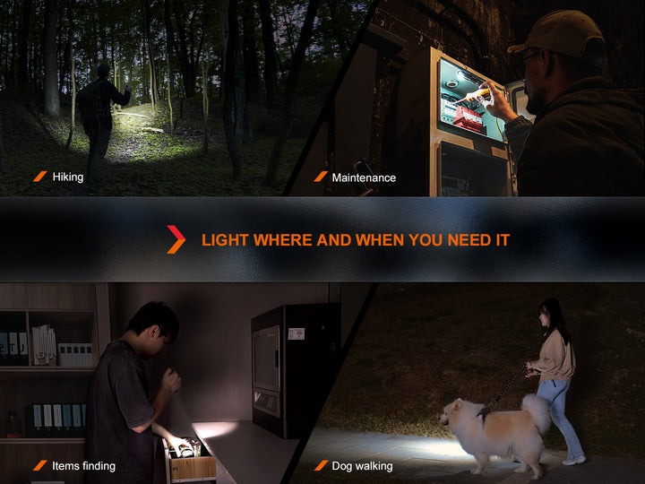 Several photos showing different uses for the Fenix LD12R dual light flashlight 