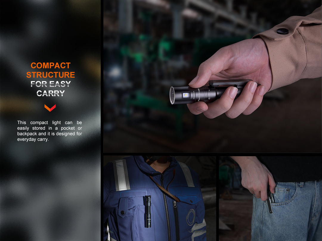 Several photos showing the Fenix LD12R dual light flashlight clipped to a pocket and a bag