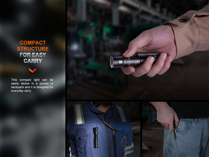 Several photos showing the Fenix LD12R dual light flashlight clipped to a pocket and a bag