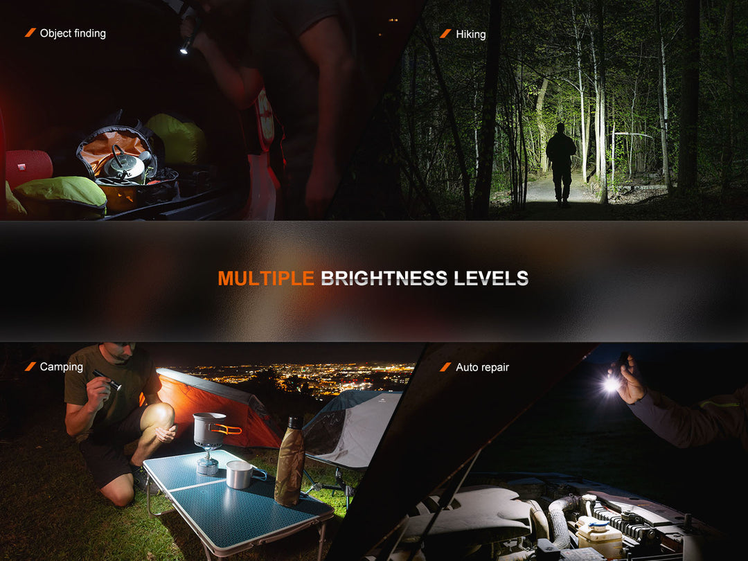 Multiple photos showing different uses for the Fenix LD30R lightweight flashlight 