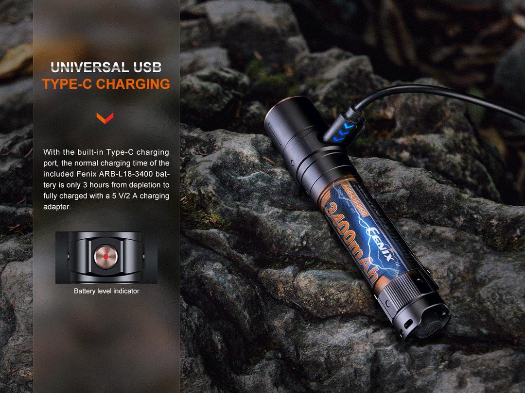 A GIF showing the Fenix LD30R lightweight flashlight being recharged via its USB-C port